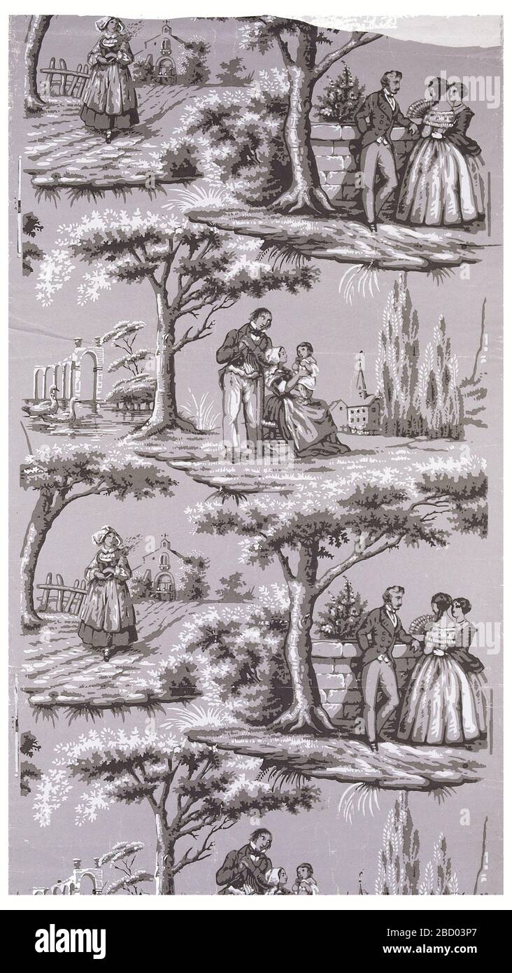 Parete laterale. Ricerca in ProgressVista paesaggistica con figure; le scene sono separate da alberi. Stampato in grisaille su terreno grigio chiaro. Parete laterale Foto Stock