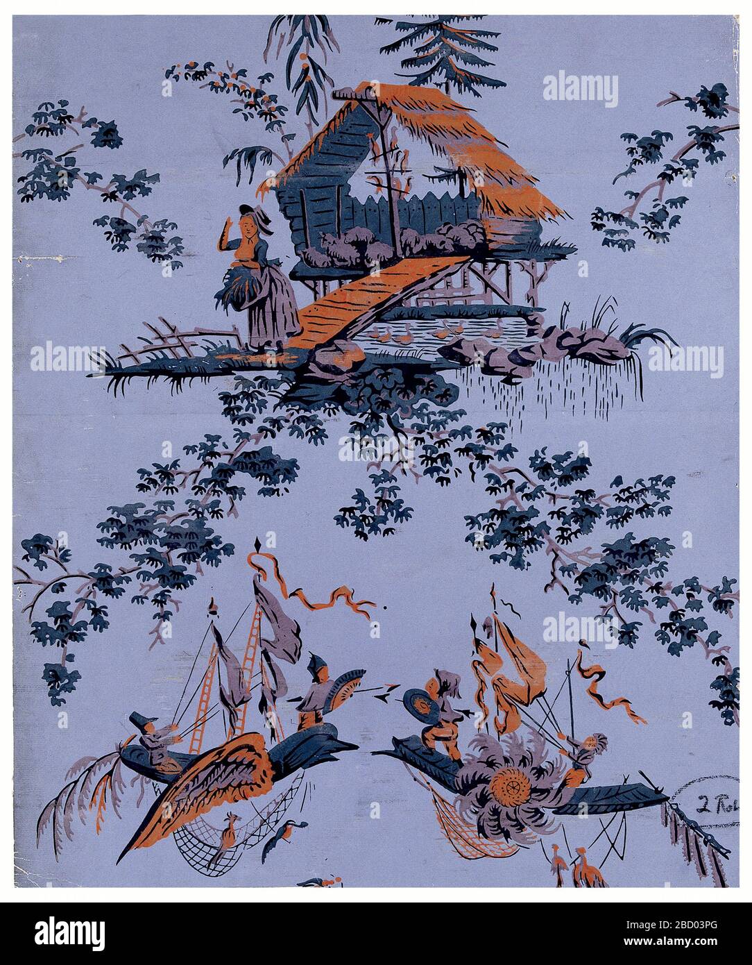 Parete laterale. Ricerca in ProgressChinoiserie raffigurante pastorella che custodisce il suo gregge, alternandosi con un paio di barche coinvolte in combattimento aereo. Parete laterale Foto Stock