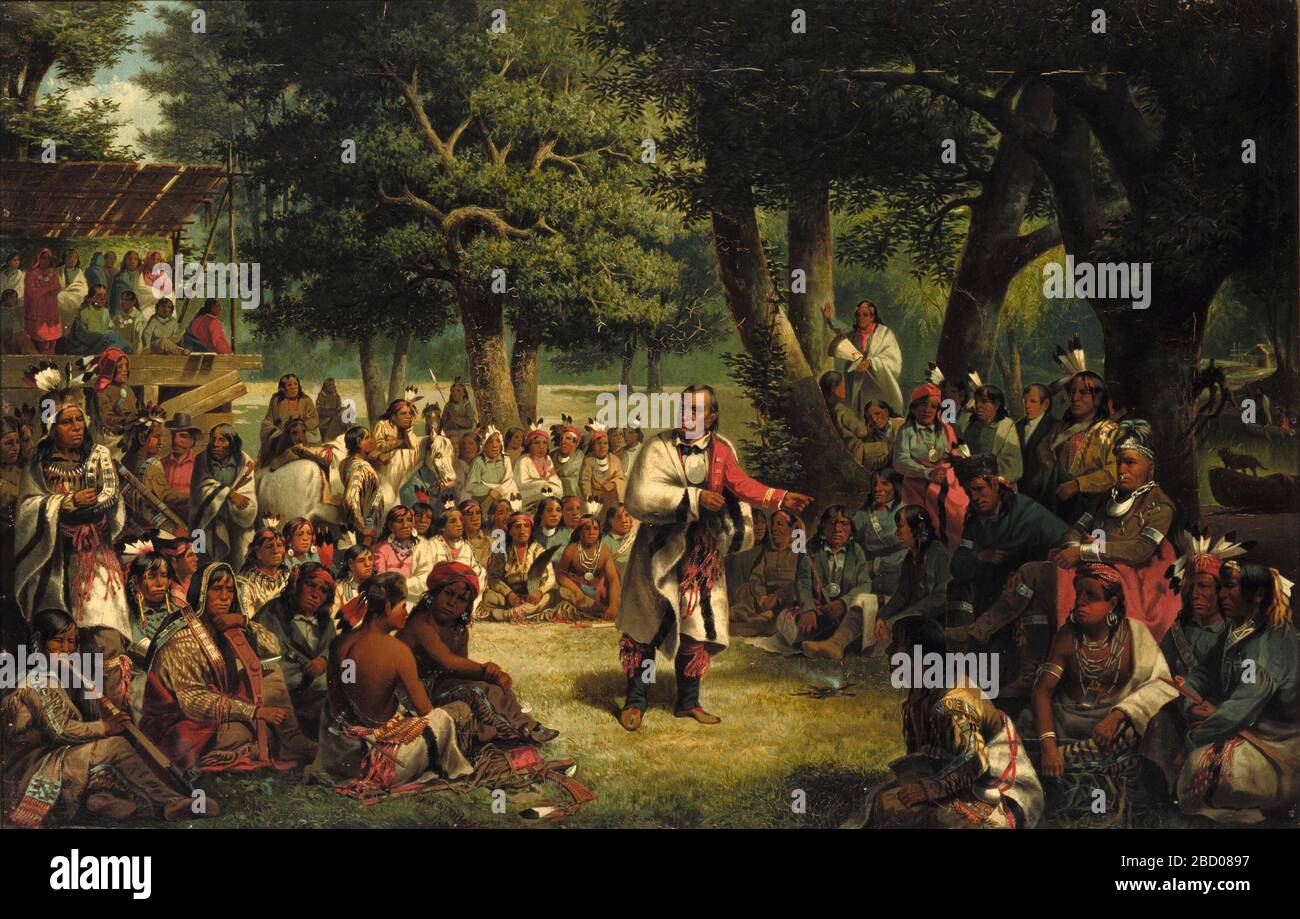 La prova della giacca rossa. Red Jacket (1758-1830) fu un famoso capo della tribù Seneca della nazione Iroquois. In questo ambizioso dipinto, John Mix Stanley mostrò al capo difendersi da una carica di stregoneria. Foto Stock