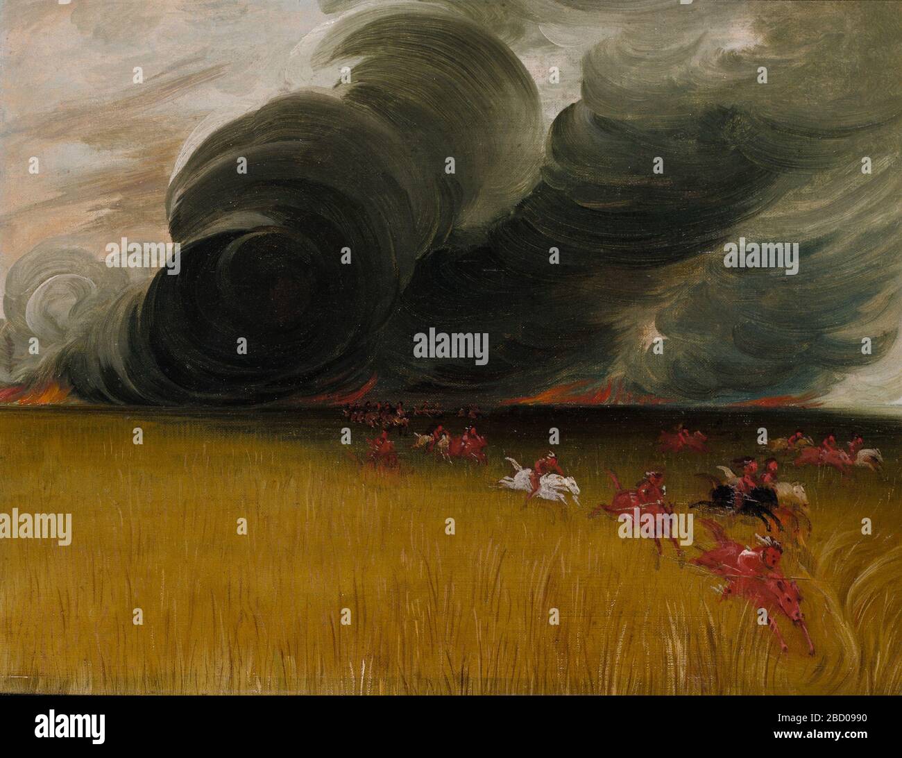Prairie Meadows Burning. George Catlin dipinse nubi ominose e vorticose di fumo nero che si profilano fuori dalla distanza e guidano gli indiani davanti a loro. Foto Stock