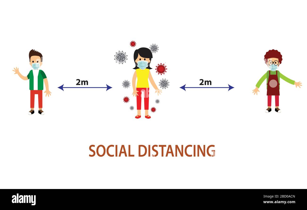 La distanza sociale è necessaria per prevenire il virus covid 19 per la diffusione. Virus Corona vettore. Illustrazione Vettoriale