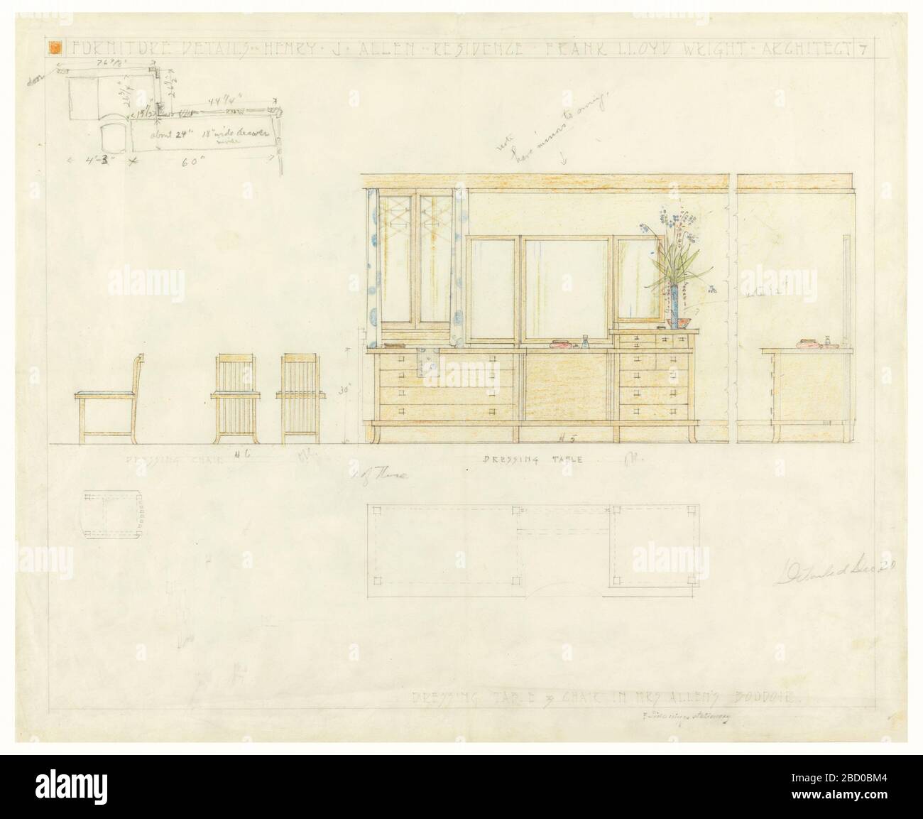 Henry J Allen Residence Wichita KS cabina e sedia per la signora Allens Boudoir. Ricerca in ProgressPage suddivisa in parti superiori e inferiori. Nella parte superiore, vista in elevazione di sedie da spogliatoio con schienale alto e doghe con cuscini blu visti dal lato sinistro, dalla parte anteriore e posteriore. Henry J Allen Residence Wichita KS cabina e sedia per la signora Allens Boudoir Foto Stock