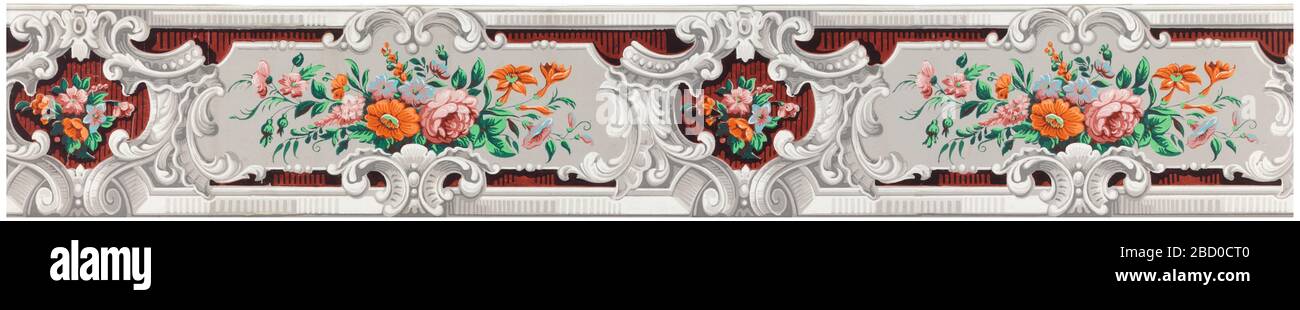 Bordo. Ricerca in ProgressGrisaille telaio a scorrimento che racchiude, alternativamente, un cluster di fiori e foglie su terra grigia, e un cluster più piccolo su una terra rossa che è striato di nero. Modanature a grisaille lungo i bordi superiore e inferiore. (Probabilmente tagliato lungo entrambi i bordi). Bordo Foto Stock
