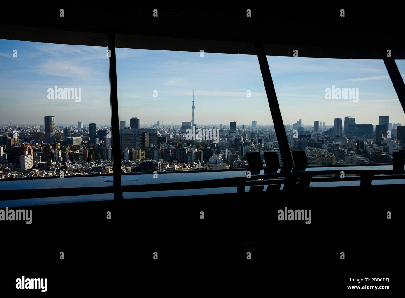 Vista panoramica dello skyline con lo Skytree di Tokyo, Giappone. Vista attraverso una finestra del Bunkyo Civic Center Foto Stock