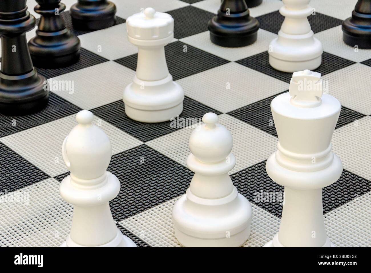 pezzi di scacchi si trovano su quadrati bianchi e neri. scacchi grandi. re, vescovo, pedone, rook. concetto di scacchi Foto Stock