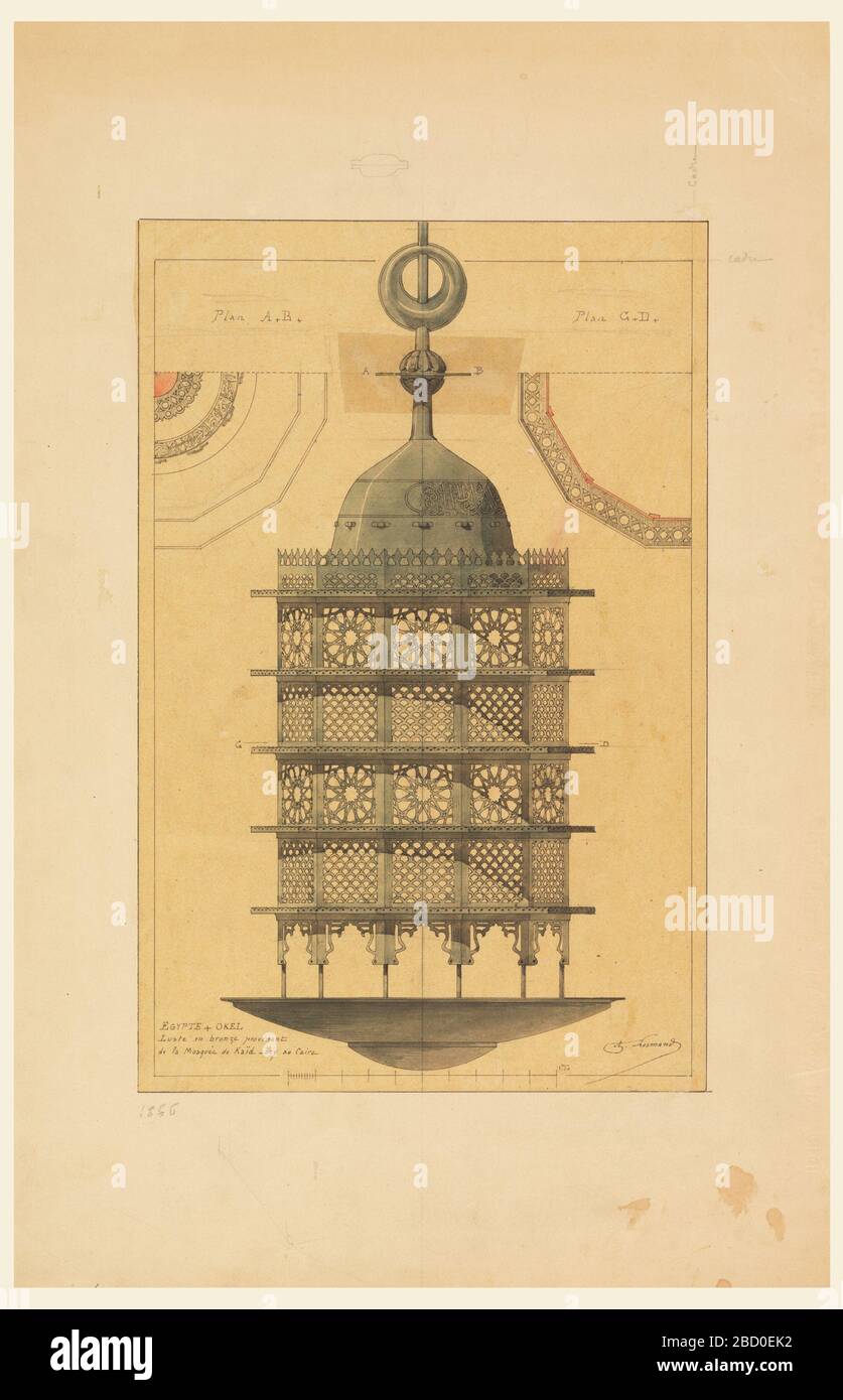 Lampadario di bronzo Kaid Bey Moschea Cairo. Ricerca in ProgressDesign per una lampada per moschea. Il design, illustrato al centro, è costituito da un disco a piastra, un corpo in metallo multi-lato perforato con design e una parte superiore a cupola. Lampadario di bronzo Kaid Bey Moschea Cairo Foto Stock