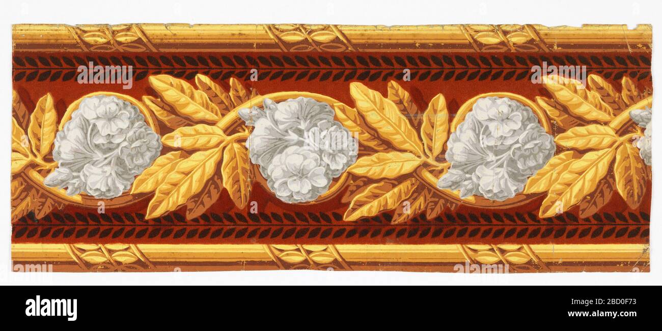 Bordo. Ricerca in ProgressMain Central band consiste di fiori bianchi riuniti intrecciati in rinceau di grandi foglie di alloro ocra. Banda di foglie nere Petite su entrambi i lati del Rinceau. Asta avvolta a foglia lungo entrambi i bordi. Fondo in fiocco color ruggine.bordo H n. 295 Foto Stock
