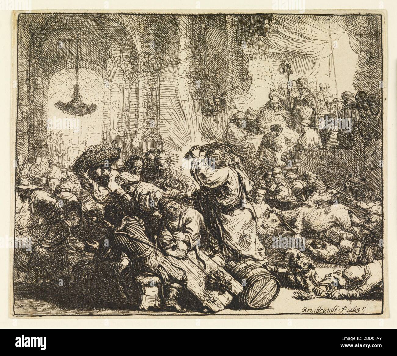 Cristo che guida i cambiavalute dal Tempio. Ricerca in ProgressInterior di un tempio. Cristo, in primo piano centrale, solleva la sua ciglia verso un gruppo di uomini seduti a sinistra. Un tavolo con soldi su di esso è rovesciato. L'uomo è trascinato dal bue a destra. Figure in background. Cristo che guida i cambiavalute dal Tempio Foto Stock