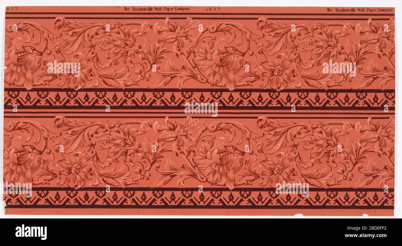 Fregio. La ricerca in ProgressBorders ha stampato due volte. Fascia ondulata di fogliame a scorrimento con fiori. Fascia superiore in brattiere stilizzate e pendenti. Stampato su fondo rosso chiaro in marrone scuro, rosso e rosa chiaro. Fregio Foto Stock
