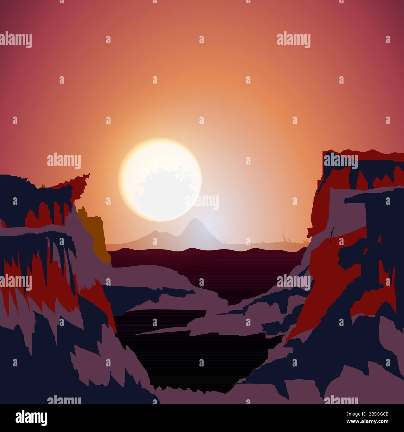 Vettore bellissimo paesaggio, viola tramonto in montagna. Modello di sfondo della natura con posto per il testo. Illustrazione Vettoriale