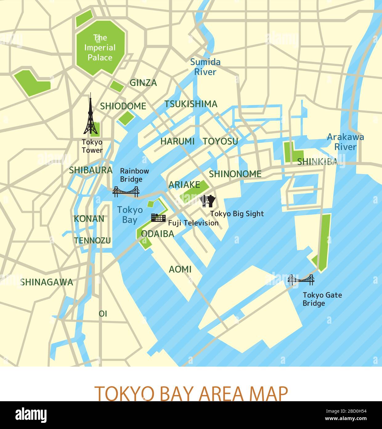 Mappa stradale della baia di Tokyo (con nomi dei luoghi e luoghi turistici) Illustrazione Vettoriale