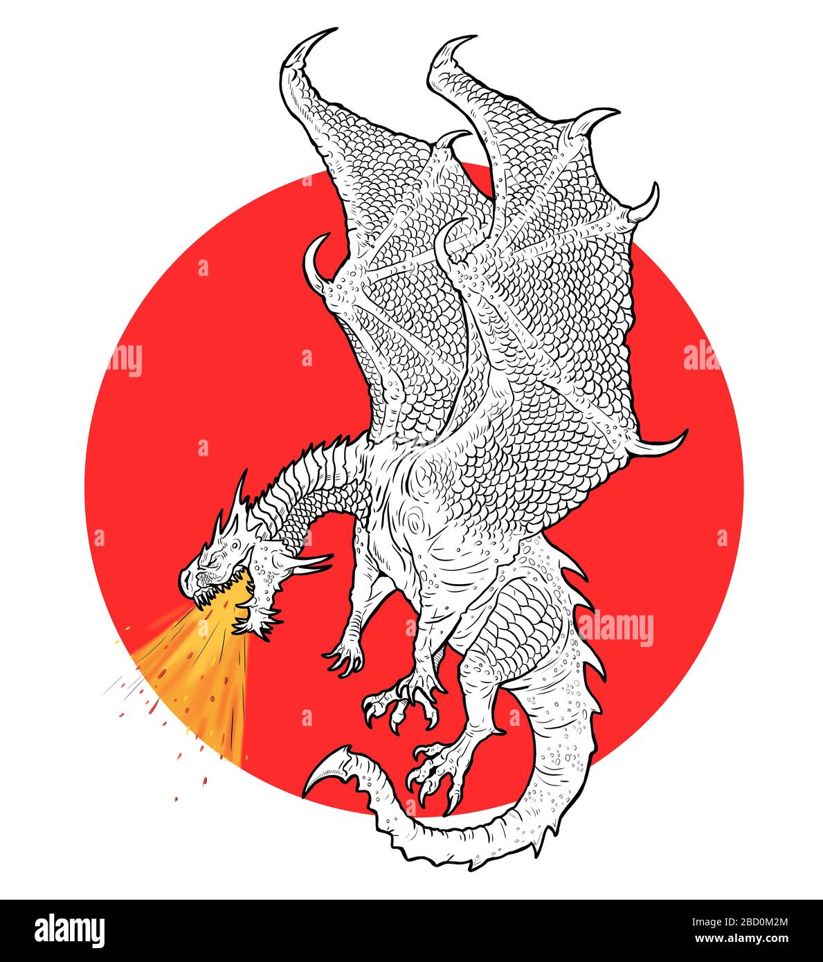 Il drago volante spits fuoco. Disegno creatura fantasia. Foto Stock