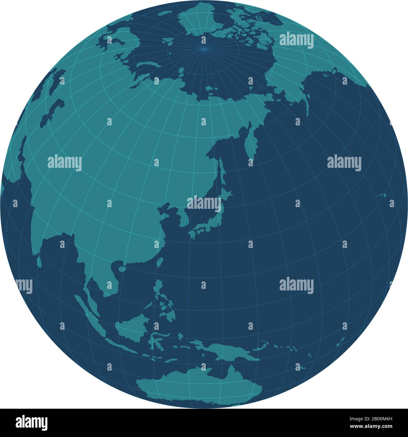 Illustrazione della mappa del mondo (globo/sfera). Focus su Giappone e asia orientale. Illustrazione Vettoriale