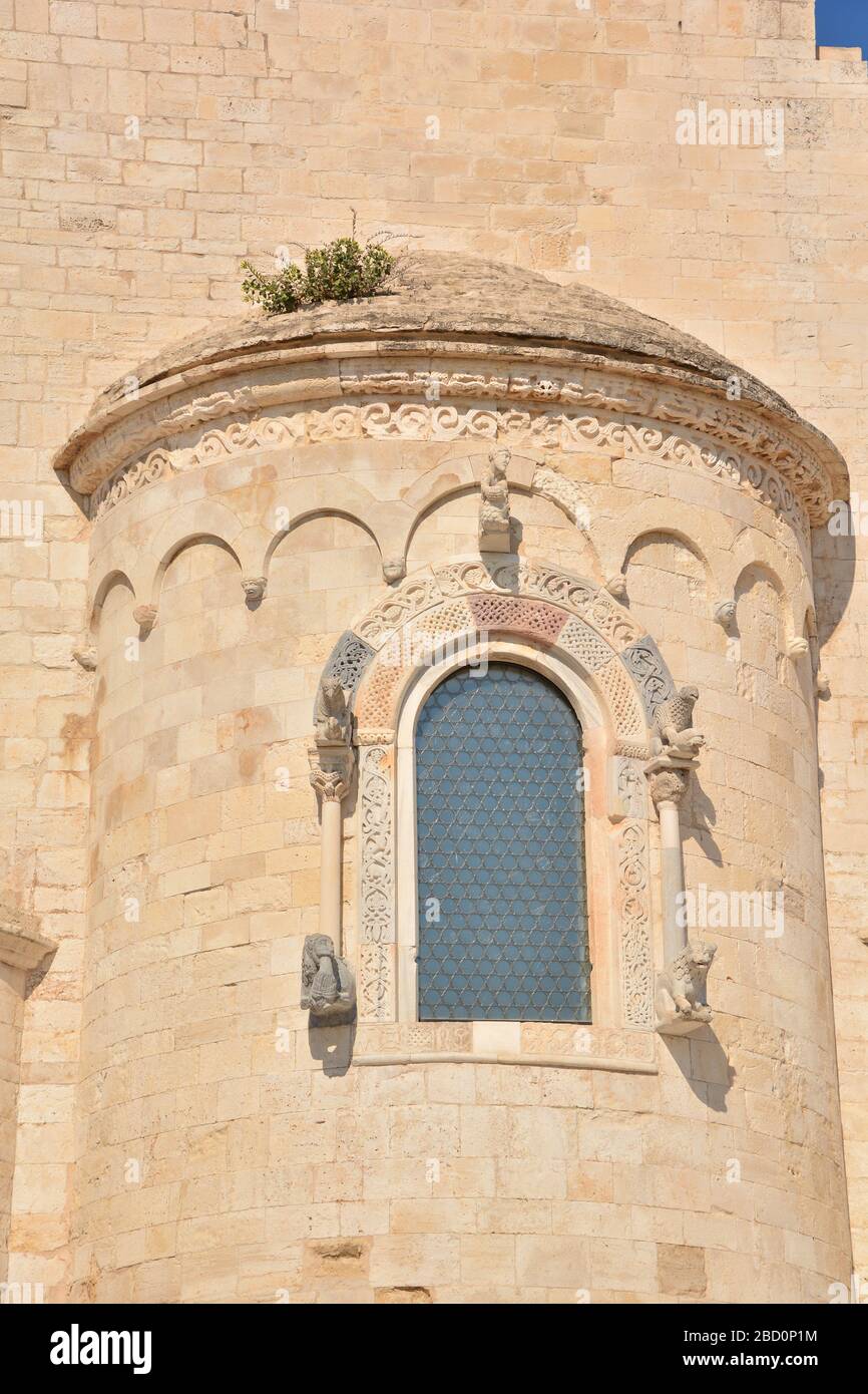 Trani, Italia-Aprile 2019: Vista ravvicinata di una delle finestre laterali della cattedrale Basilica di San Nicola il Pellegrino di Trani; un noto pellegrinaggio dest Foto Stock