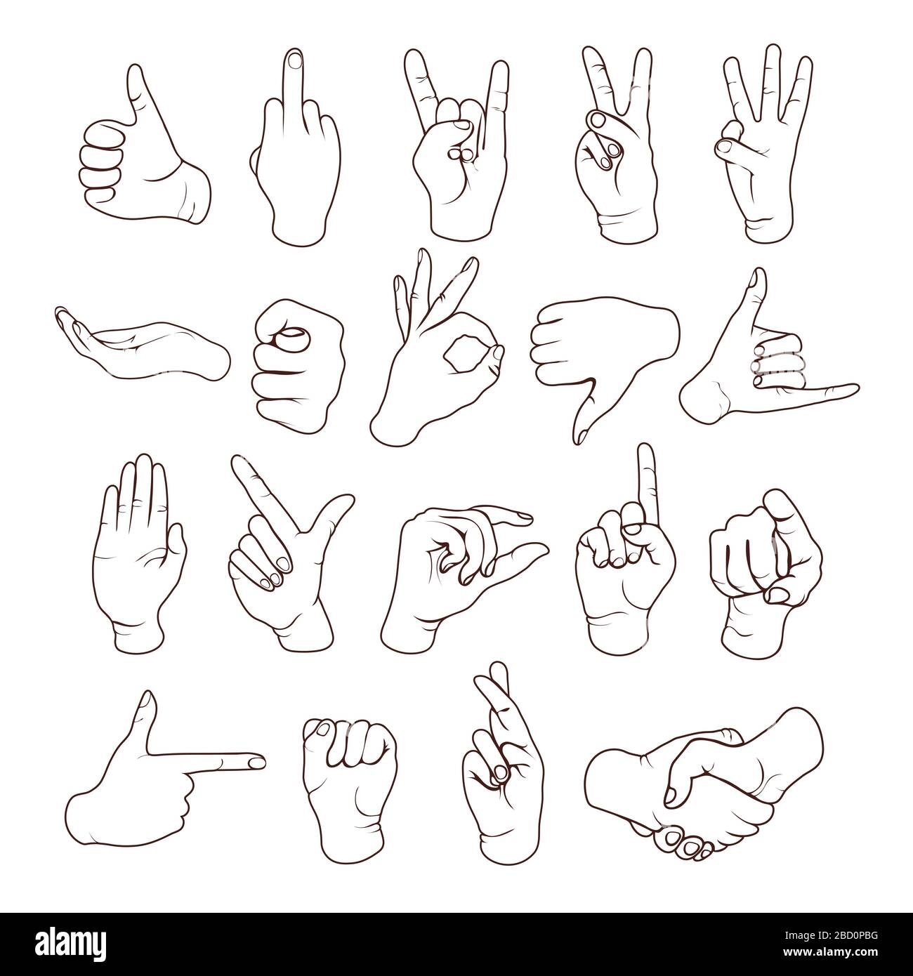Contorni dei gesti delle mani, segni delle dita, set di icone del linguaggio dei segni, stencil, logo, silhouette. Disegno di linea del polso, le mani che mostrano vari simboli classici è Illustrazione Vettoriale