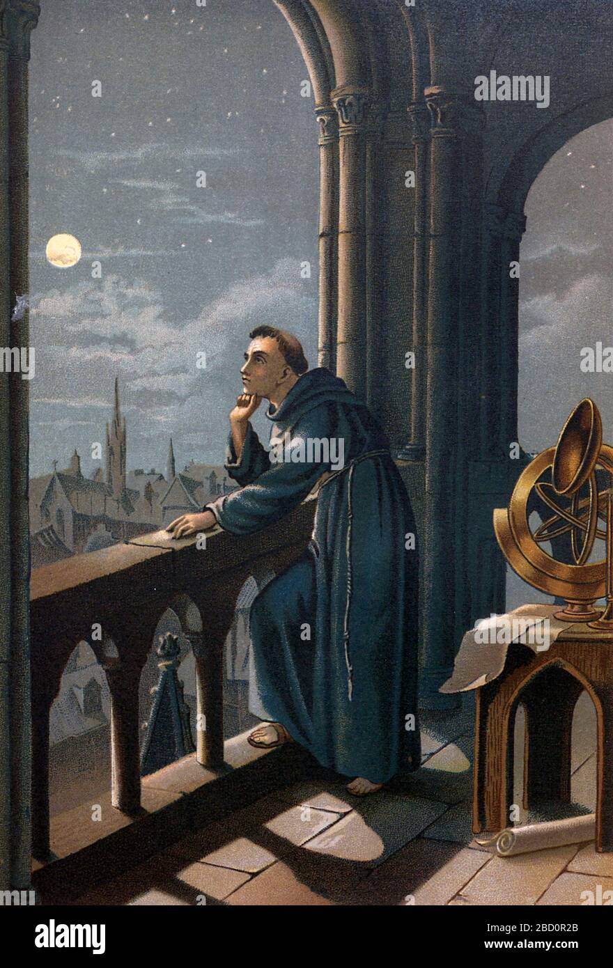 Roger Bacon nel suo osservatorio di Oxford, conosciuto anche dall'accolata scolastica Doctor Mirabilis, era un filosofo inglese medievale e frate francescano che poneva una notevole enfasi sullo studio della natura attraverso l'empirismo da la ciencia y sus Hombres : vidas de los sabios ilustres desde la antigüedad hasta el siglo XIX T. 1 [Scienza e persone Vol 1] di Luis Figuier ; traducción de la tercera edición francesa por Pelegrin Casabó y Pagés ; Ilustrada por Armet, Gomez, Martí y Alsina, Planella, Puiggarí, Serra, stampato a Barcellona nel 1879 Foto Stock