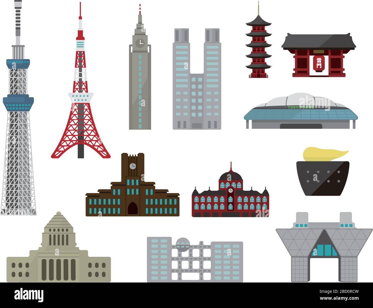 Edifici di riferimento di Tokyo (torre, tempio, ecc.) insieme di illustrazioni vettoriali piatte. Illustrazione Vettoriale