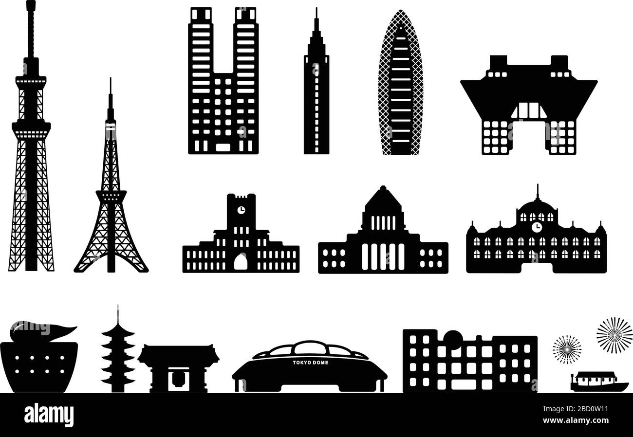 Edifici di riferimento di Tokyo (torre, tempio, ecc.) insieme di illustrazioni vettoriali piatte. Illustrazione Vettoriale