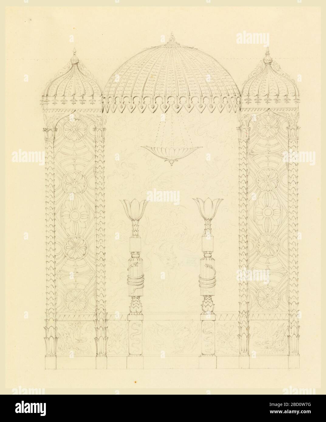 Standard e decorazioni a parete Banqueting Room Royal Pavilion Brighton. Ricerca in ProgressCanopy-like decorazioni di design indiano con ampi compartimenti fiancheggiati da due stretti, ciascuno sormontato da cupole. Le sezioni strette hanno colonne con alberi a foglia, lo spazio tra riempite di motivi floreali geometrici. Figure di luci sospese al centro. Standard e decorazioni a parete Banqueting Room Royal Pavilion Brighton Foto Stock