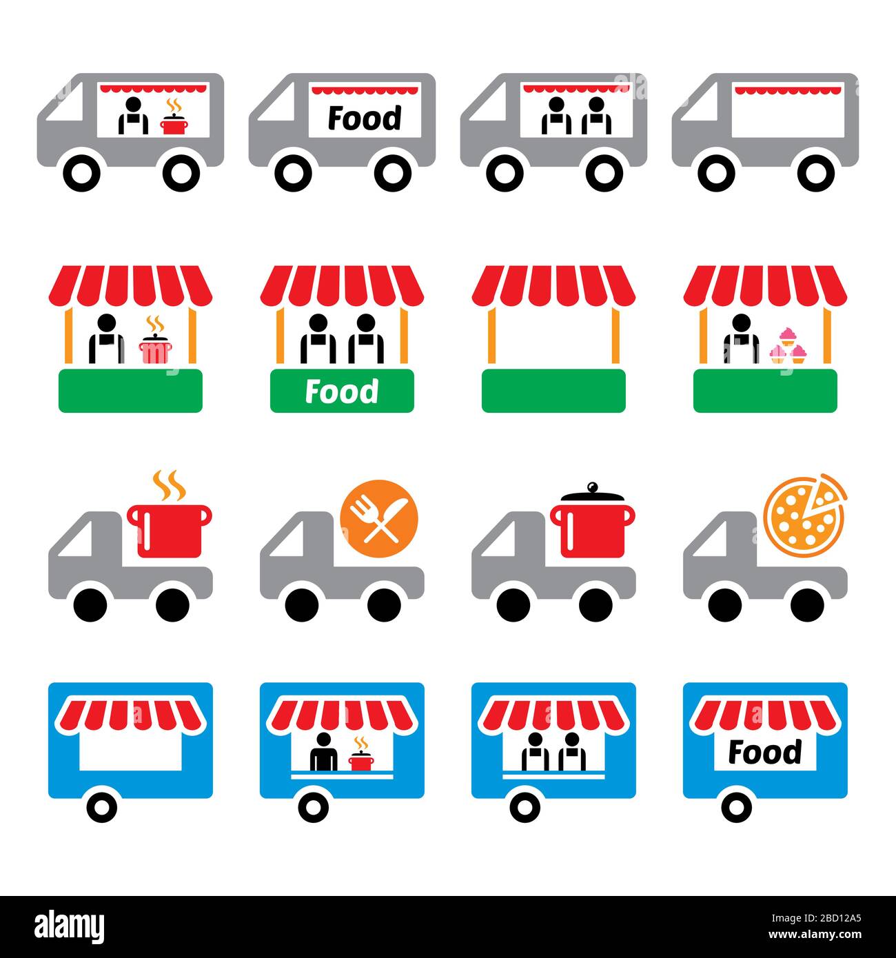 Food truck, stand, food trailer, food delivery - pizza, set di icone vettoriali per il mercato agricolo Illustrazione Vettoriale