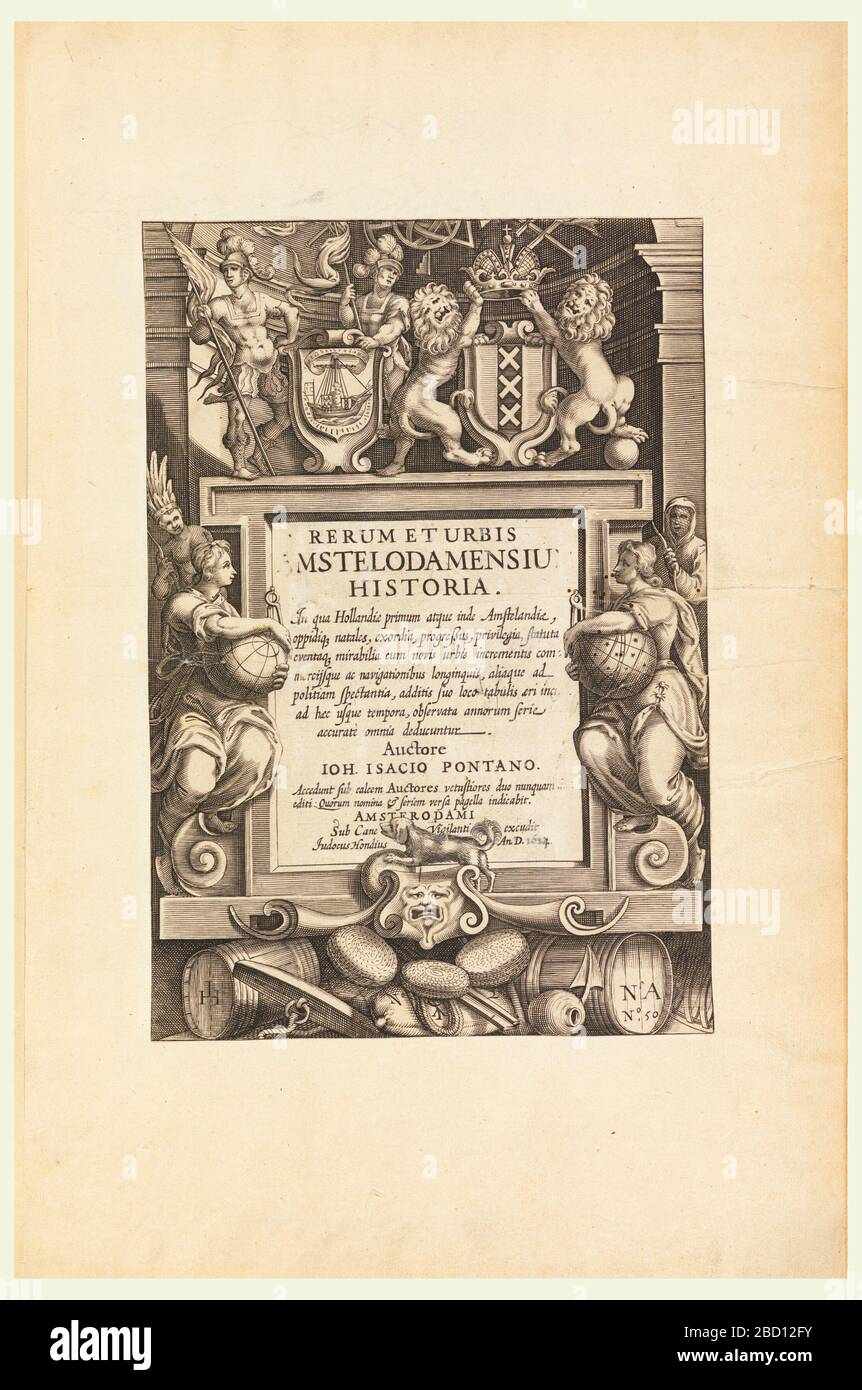 Titolo Rerum et Urbis Msteludamensiu Historia. Ricerca in ProgressiPia del titolo per RERUM ET URBIS / MSTELODAMENSIU / HISTORIA…, circondata da simboli e geni diversi, stemmi con due leoni, soldati, ecc. pagina del titolo Rerum et Urbis Mstelodamensiu Historia Foto Stock