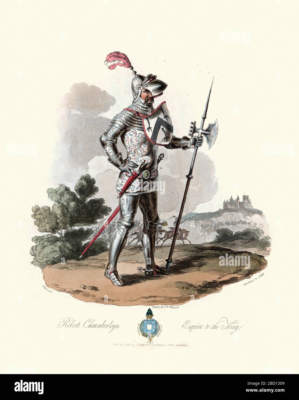 Moda medievale, Robert Chaumberleyn Esquire al re Enrico V, si dice che era presente alla battaglia di Agincourt. Raffigurante un cavaliere in pieno ar Foto Stock