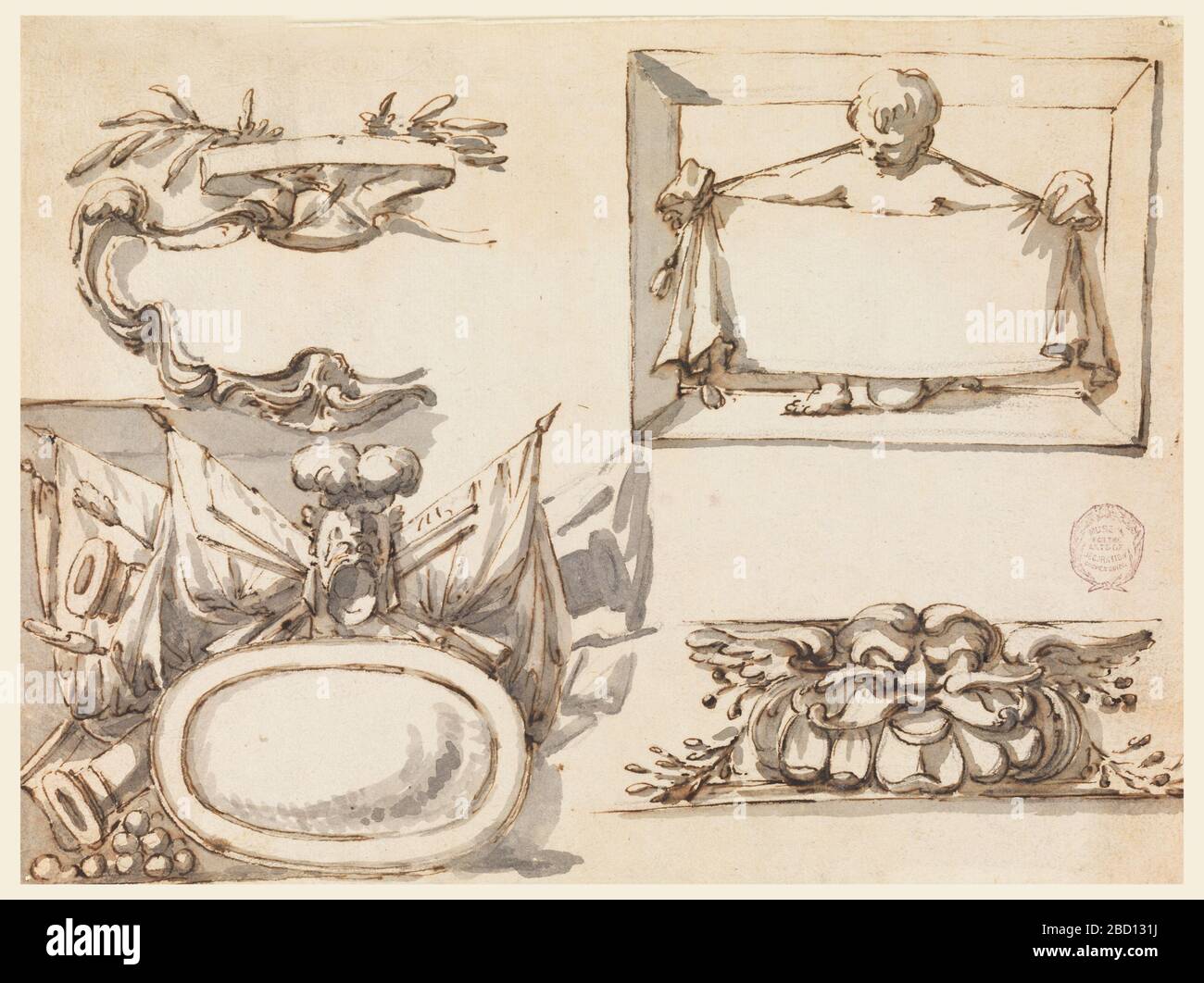 Un escutcheon un trofeo un'etichetta un motivo decorativo per un fregio. Ricerca in ProgressRow sinistra: Escutcheon, con un nastro e due rami incrociati in cima. Sotto: Un trofeo di armi con cannoni e un grande scudo ovale al centro sotto. Fila di destra: Un bambino che si inginocchiava in un telaio di scatola sostiene un panno che pende su una corda intorno al suo collo. Un escutcheon un trofeo un'etichetta un motivo decorativo per un fregio Foto Stock