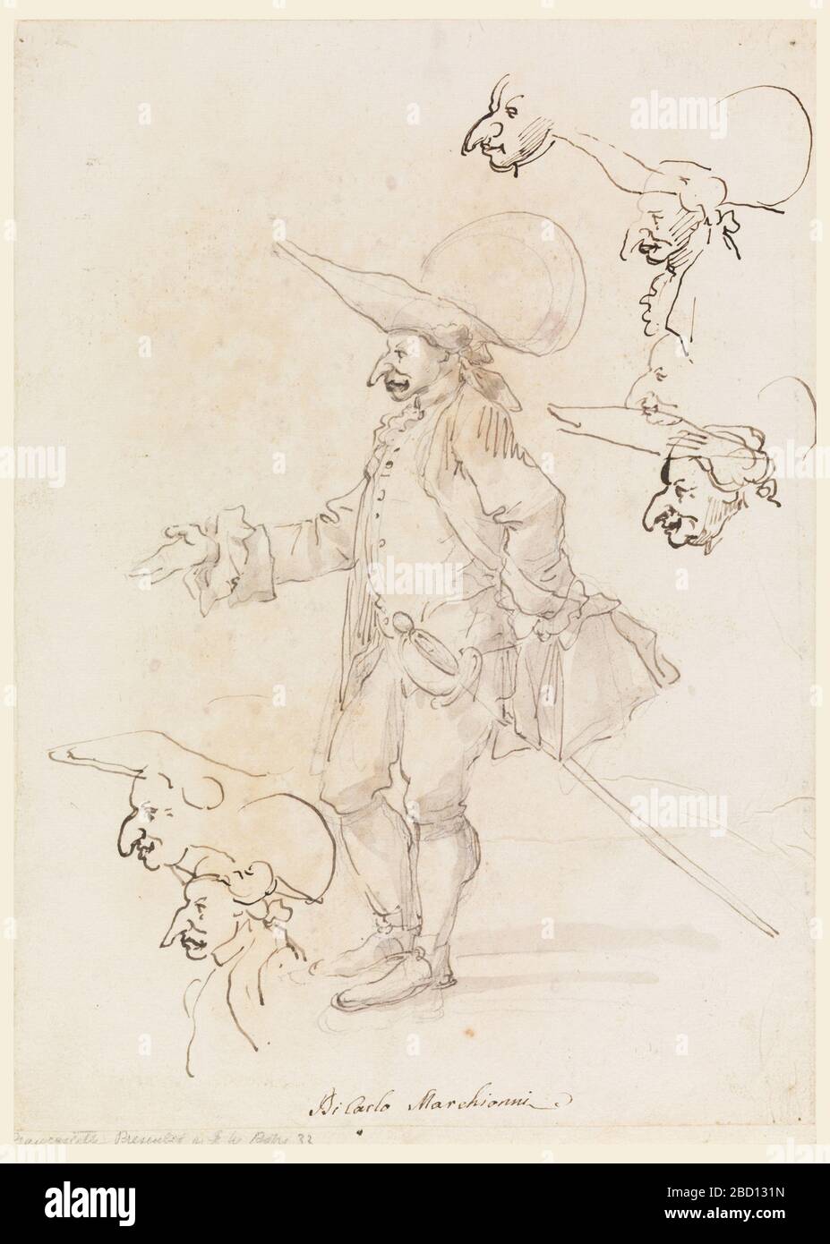 Caricature. Ricerca in Progressa uomo, in piedi, con un grande naso, cappello e spada; altri sei schizzi con teste come caricature. Caricature Foto Stock