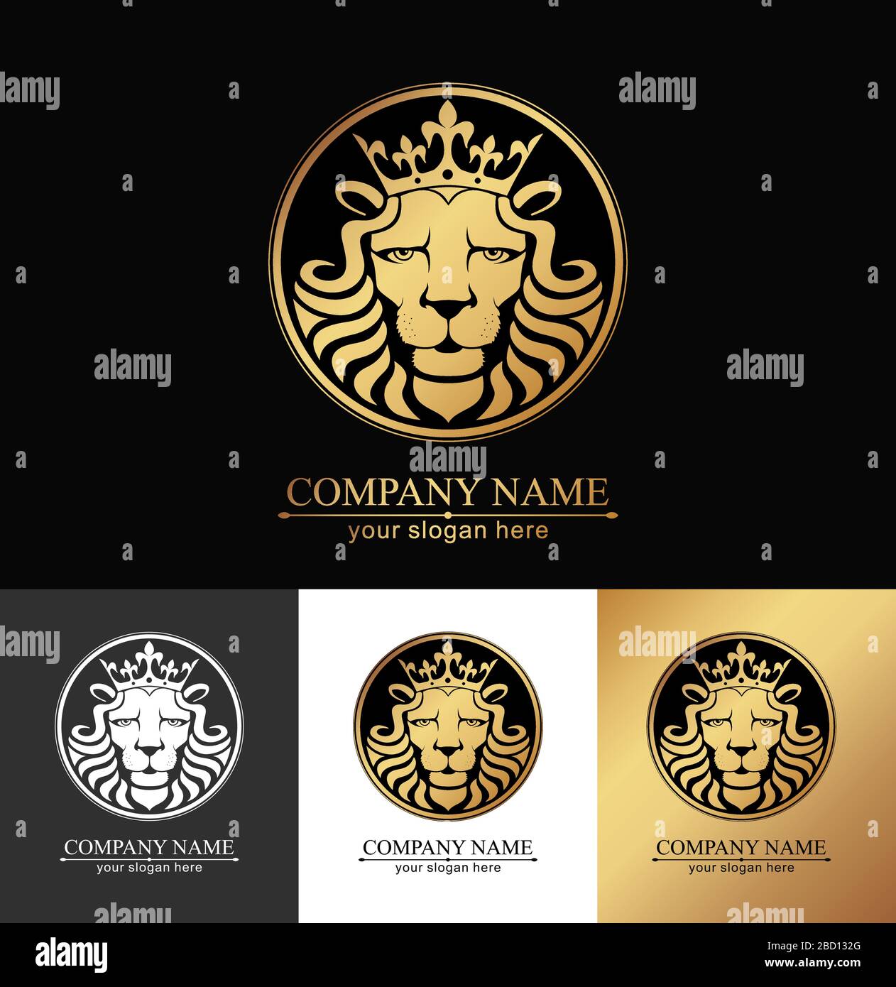 Logo Lion. Testa del leone con corona - illustrazione vettoriale, disegno dell'emblema. Simbolo dell'azienda universale. Illustrazione Vettoriale