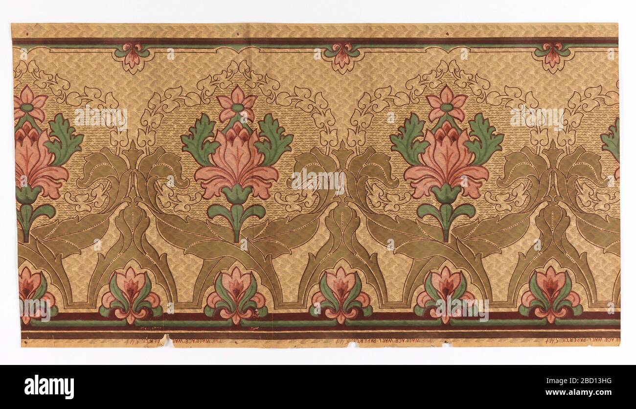 Fregio. Ricerca in ProgressVery stilizzato art nouveau design floreale. Tulipani su larga scala racchiusi in una cornice fogliare. Fascia di piccoli motivi floreali lungo il bordo inferiore. Stampato su uno sfondo a motivo chevron. Stampato in rosa, verde, marrone chiaro e nero. Fregio Foto Stock