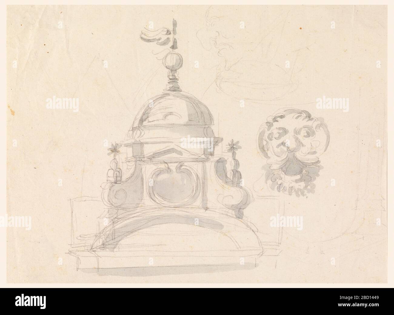 Elevazione di un disegno di cupola per una maschera e caricatura. Ricerca nel rettangolo ProgressHorizontal. Elevazione della cupola a sinistra. Un'entablatura ed un segmento di un arco sono alla parte inferiore. Tre montagne e una stella si ergono sulle spirali inferiori dei voluti, che sono obliquamente dispersi accanto alla finestra del tambour. Elevazione di un disegno di cupola per una maschera e caricatura Foto Stock