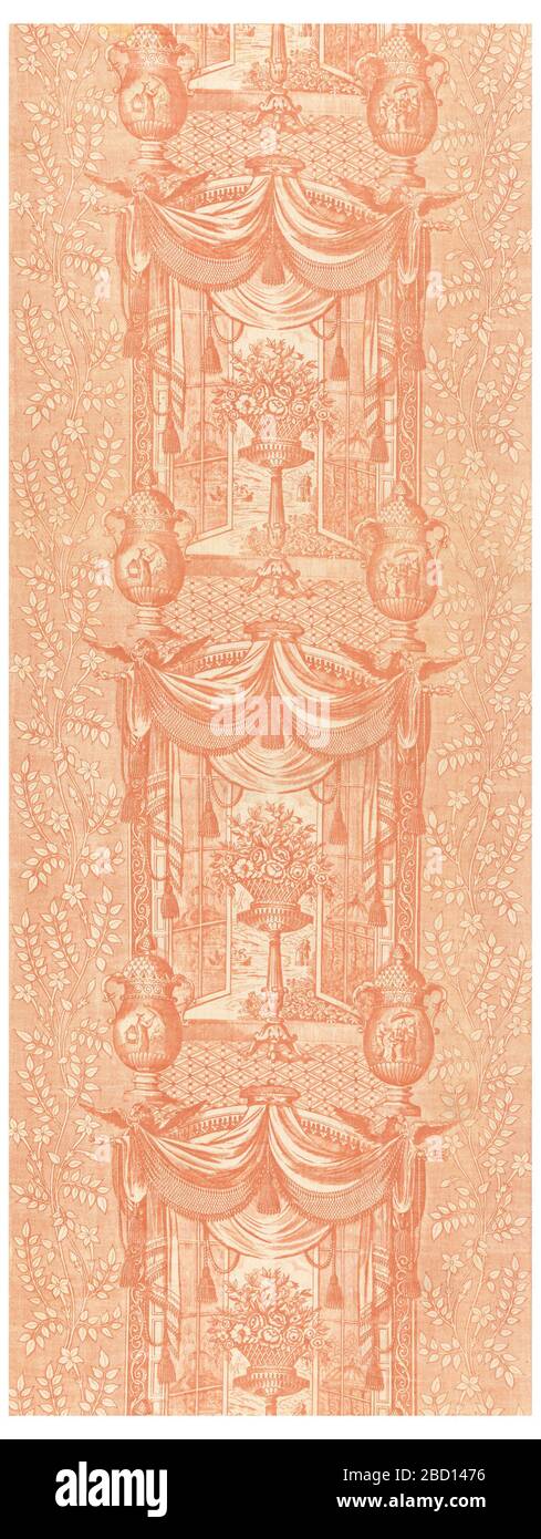 Tessili. Ricerca in ProgressPrined tessuti con motivi rossi e bianchi che mostrano rami curvati verticali che circondano due elaborate finestre. La finestra ha pannelli che si aprono su una scena Chinoiserie di un lago con tre persone in barca come una coppia passeggiate lungo la riva. Tessili Foto Stock