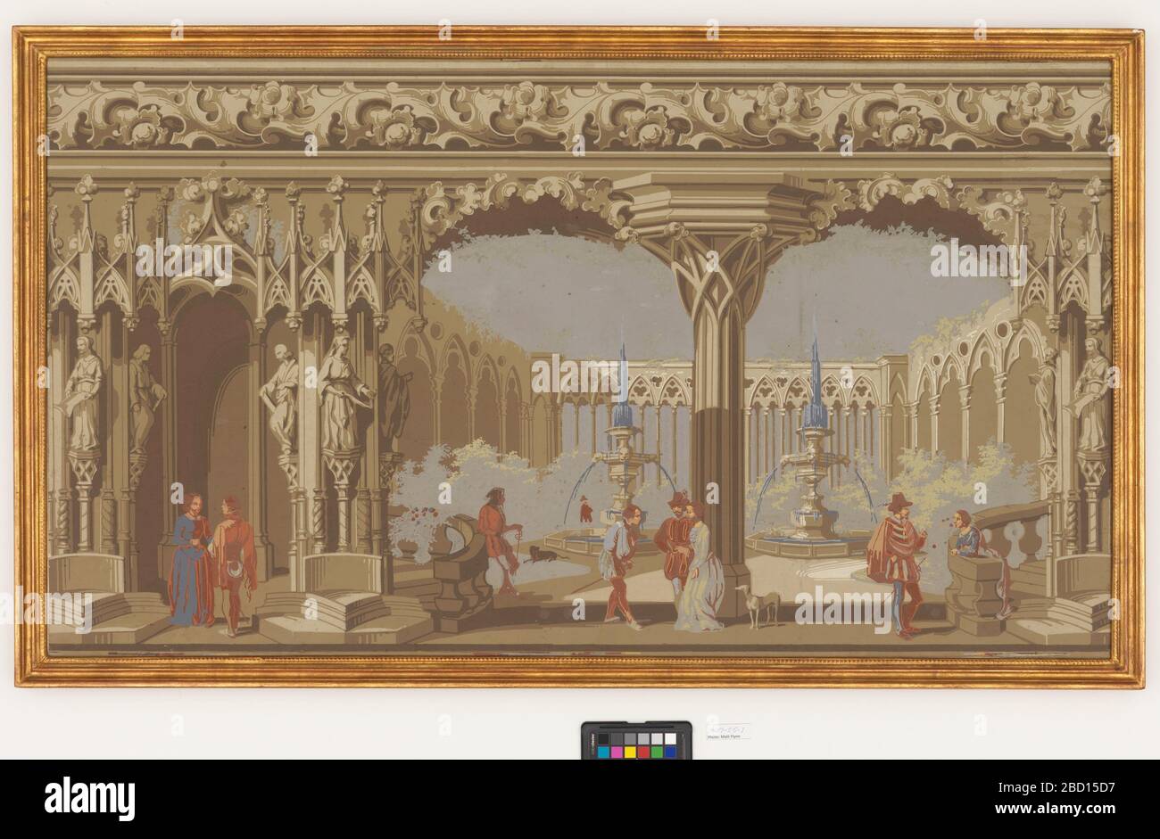 Fregio. Ricerca nel chiostro ProgressLarge o cortile aperto. Il cortile contiene due fontane e arbusti. L'architettura e' molto gotica nello stile con colonne a grappolo, trifoli, archi a punta e figure intagliate. Figure in costume del XVI secolo e cani in primo piano. Fregio Foto Stock