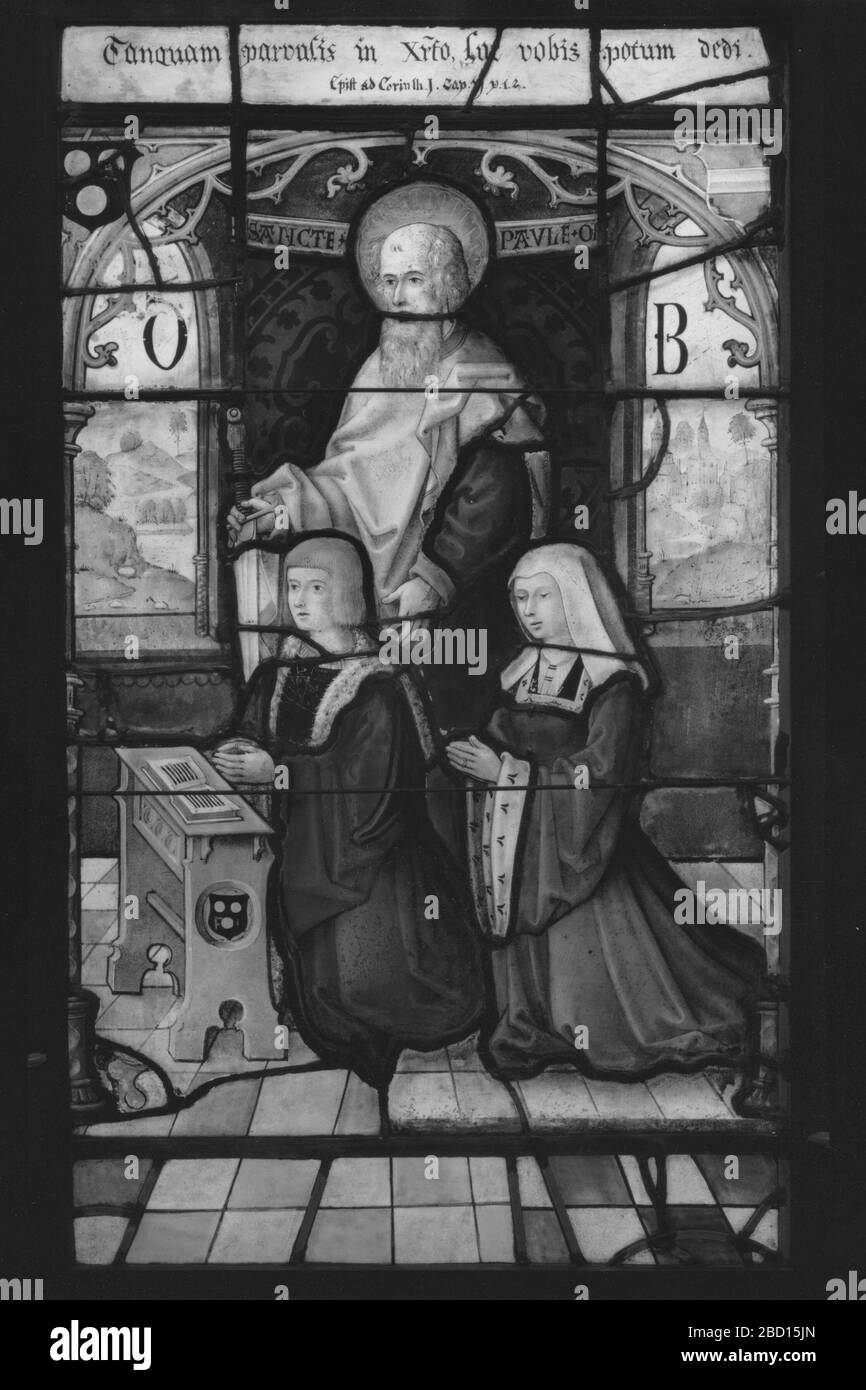 Vetro colorato. Ricerca in ProgressC: Vergine MaryD: San Paolo vetrate Foto Stock