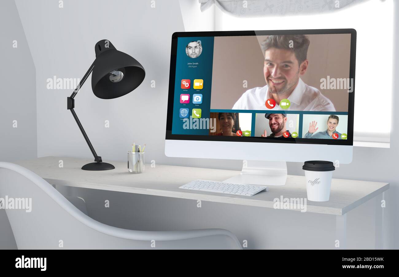 rendering 3d di un ambiente di lavoro desktop con sito web per videoconferenze. Foto Stock