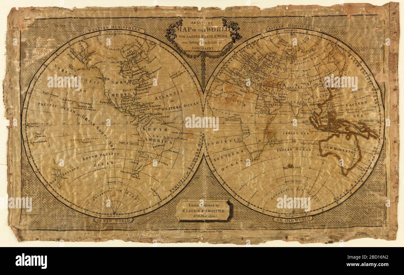 Una mappa generale del mondo per le donne Needlework e giovani studenti di Geografia. Ricerca in Progressa mappa campionatore del mondo che mostra i due emisferi, etichettati Western Hemisphere o New World e Eastern Hemisphere o Old World. Una mappa generale del mondo per le donne Needlework e giovani studenti di Geografia Foto Stock