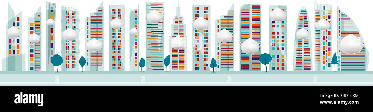 Concetto di quarantena dall'epidemia di coronavirus. Città e distretti vuoti. Metafora con edifici che indossano maschere mediche per proteggersi. Illustrazione Vettoriale