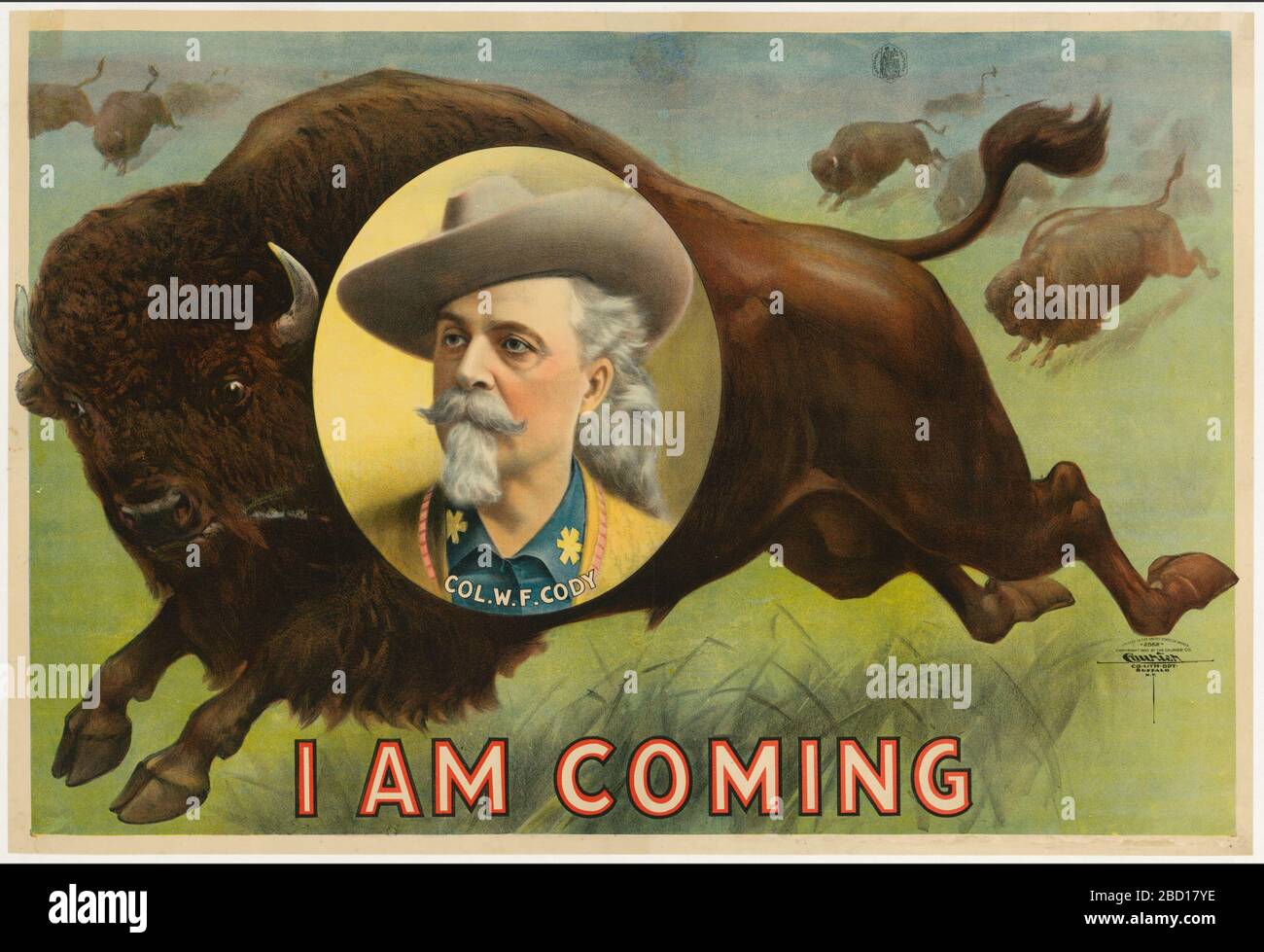 Buffalo Bill Cody. Ad un grande promotore come il colonnello William F. Cody, la frase semireligiosa 'Io vengo' richiedeva lettere più grandi su questo poster che l'identificazione del volto che tutti già avrebbero riconosciuto. NPG.87.55 Foto Stock