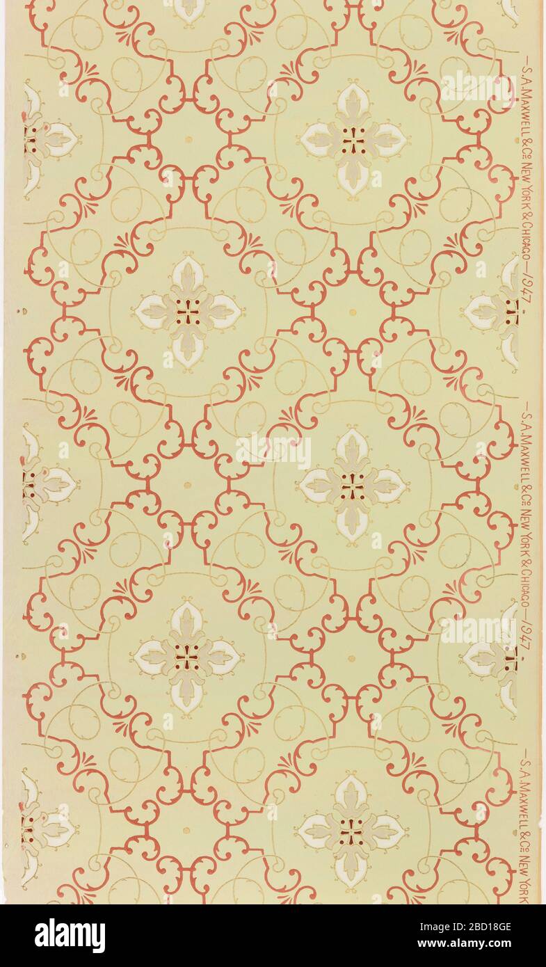 Carta da soffitto. Ricerca in motivo floreale stilizzato Progressa, con quattro gemme, racchiuse all'interno di un cerchio d'oro metallico. I cerchi sono racchiusi all'interno di un quadro quadrato, che diventa parte di un modello di griglia complessivo. Carta da soffitto Foto Stock
