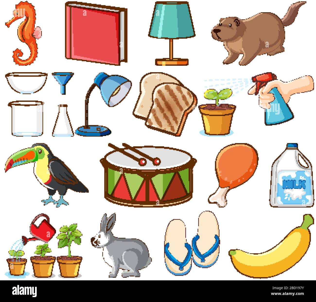 Grande set di animali diversi e altri oggetti su sfondo bianco illustrazione Illustrazione Vettoriale