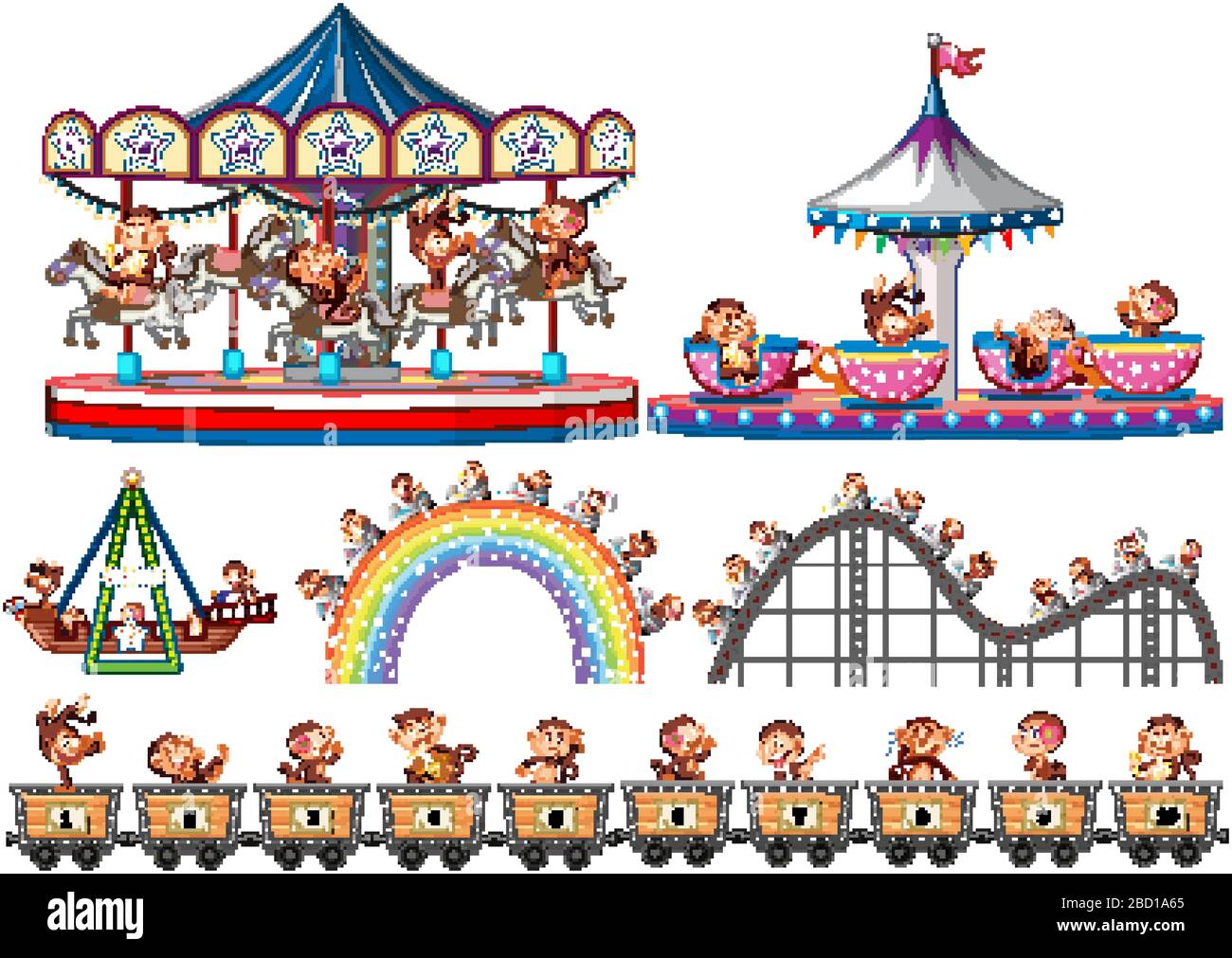 Set di scimmie felici a cavallo su diverse giostre nell'illustrazione del circo Illustrazione Vettoriale