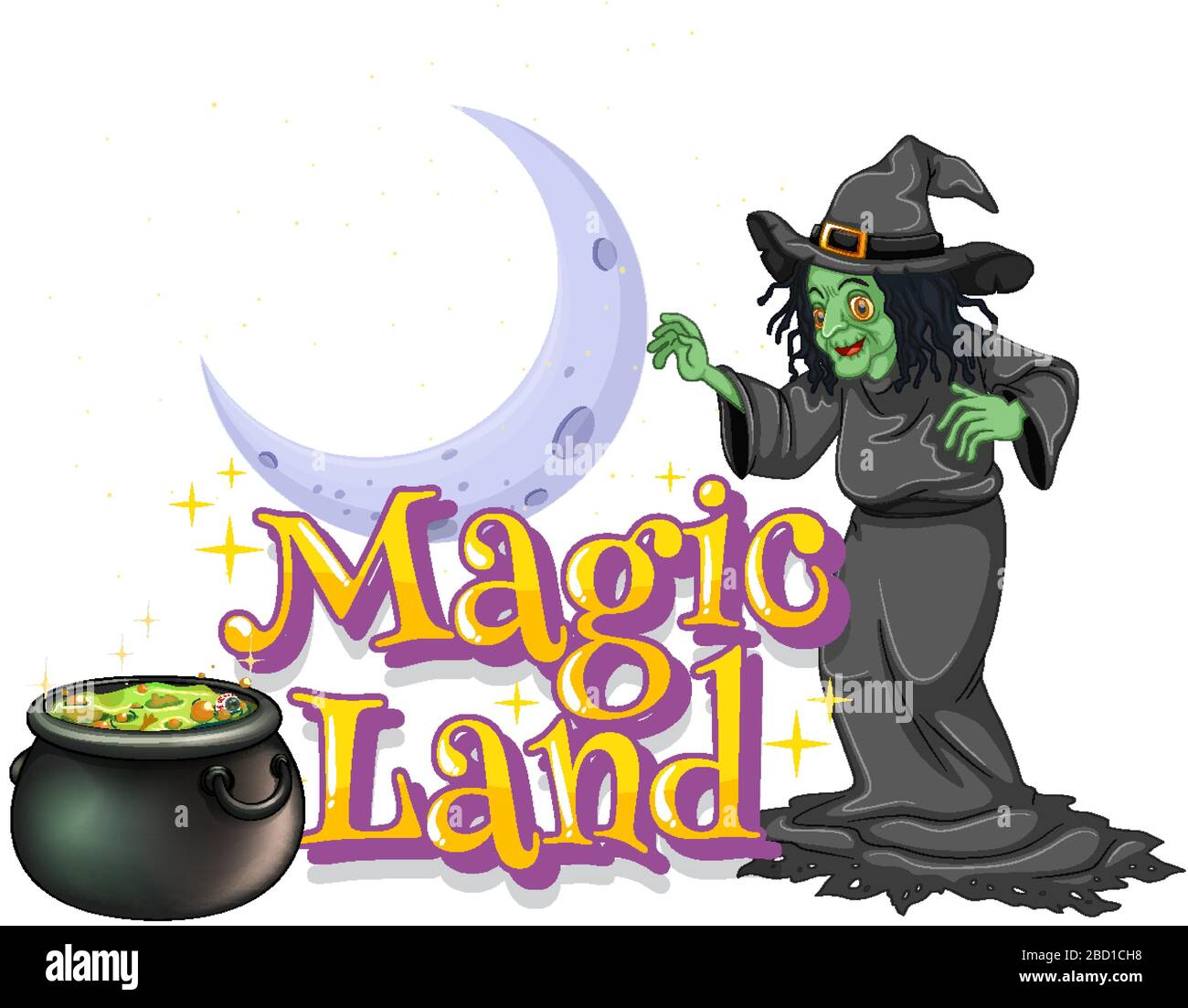 Font design per terra magica parola con strega verde e magica birra illustrazione Illustrazione Vettoriale