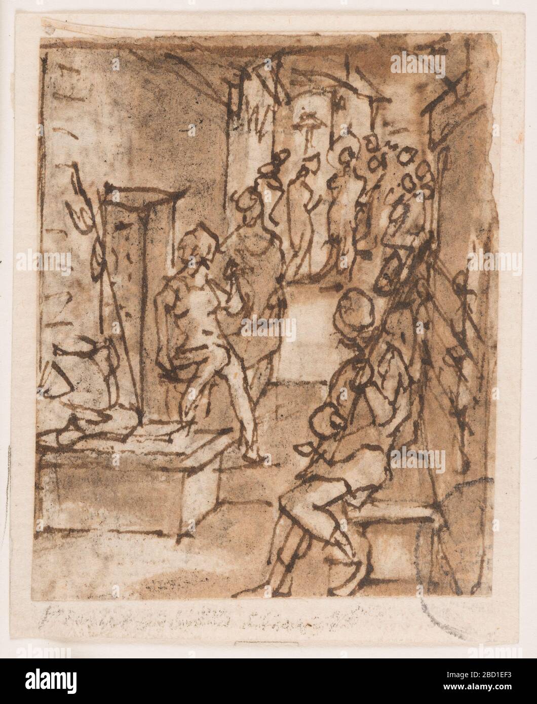 Flagellazione. Ricerca nel rettangolo ProgressVertical. Un interno simile a una prigione, con la scena principale che si svolge sullo sfondo, forse la flagellazione di Cristo. Una figura di sainly contro una colonna, circondata da altre figure. Tre uomini in primo piano. Flagellazione Foto Stock