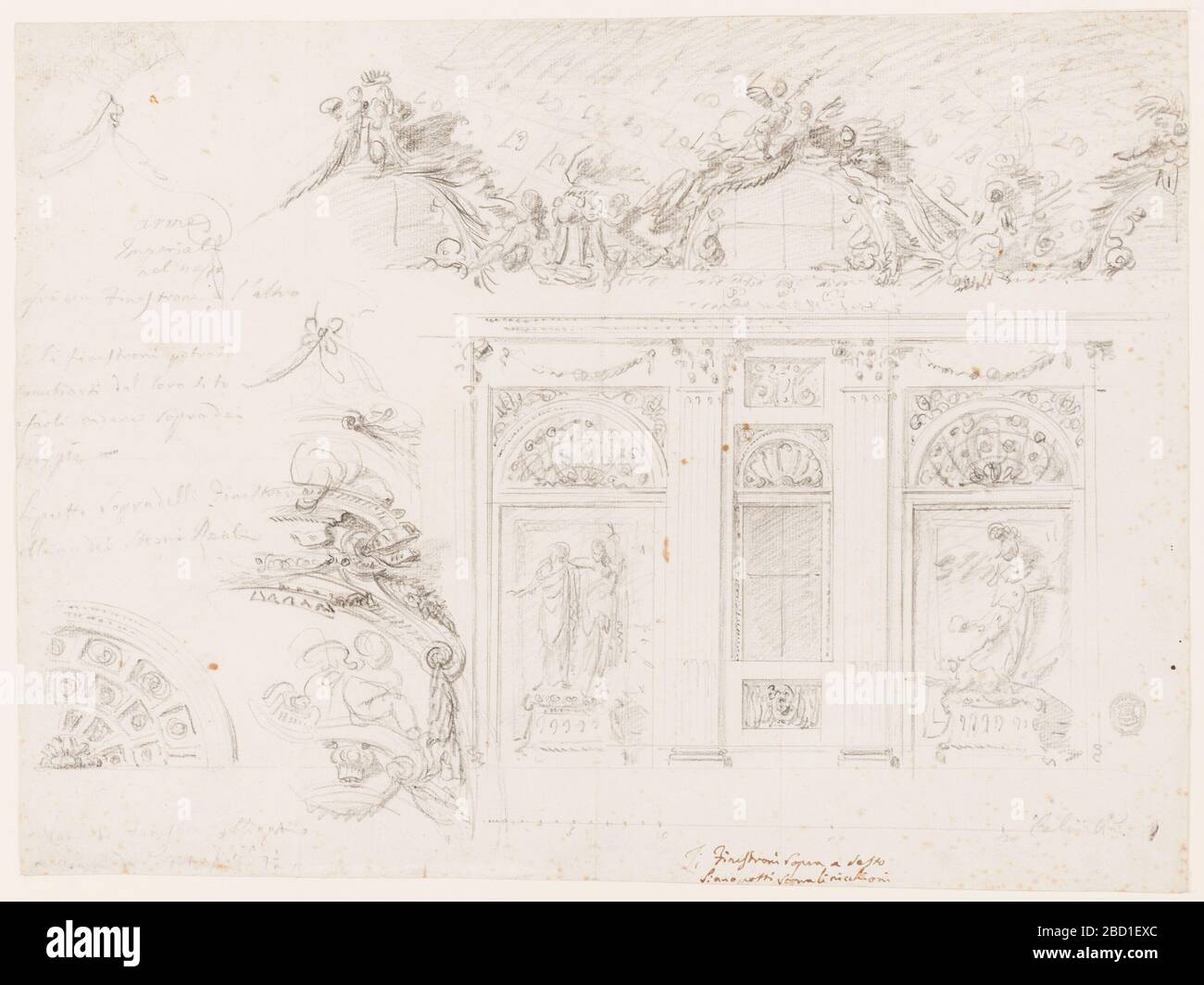 Progetto di Galleria di scultura per la decorazione di una Sala in un Palazzo durante il Regno dell'Imperatore Napoleone come Re d'Italia. Ricerca in ProgressDesign per una galleria di sculture. A destra, è una sezione di un muro con finestre. I montanti supportano un telaio in entablature, un pannello stretto con una vetrina e pannelli più ampi senza una vetrina. Progetto di Galleria di scultura per la decorazione di una Sala in un Palazzo durante il Regno dell'Imperatore Napoleone come Re d'Italia Foto Stock