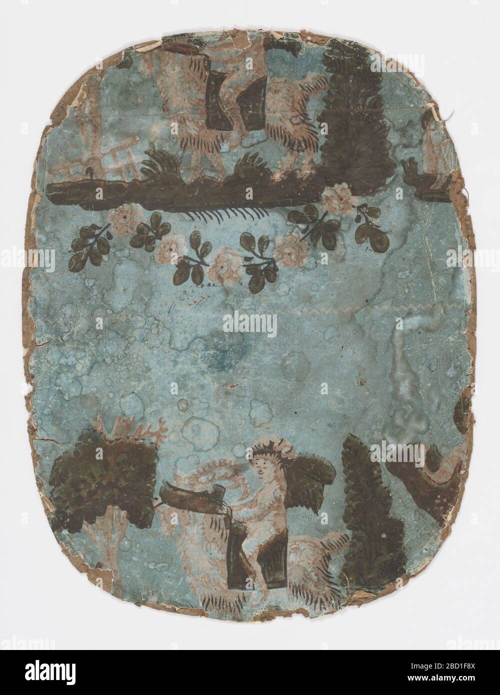 Frammento di copertina Bandbox. Ricerca in Progressc) due parti dello stesso disegno, raffigurante Bacco neonato, con ghirlacca sulla testa e cavalcando una capra. Frammento di copertina Bandbox Foto Stock