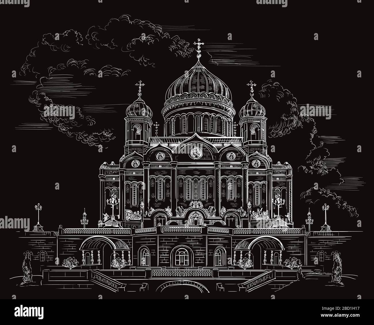 Disegno vettoriale illustrazione disegno manuale Cattedrale di Cristo Salvatore a Mosca, Russia. Illustrazione isolata orizzontale di colore bianco su ba nero Illustrazione Vettoriale