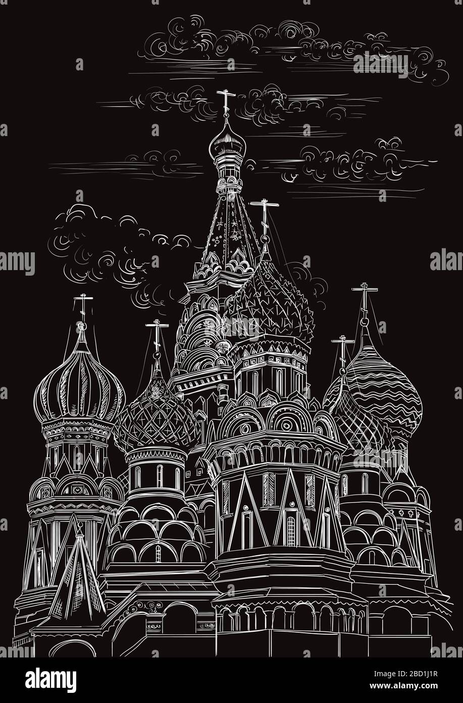Disegno vettoriale disegno a mano della Cattedrale di San Basilio del Cremlino a Mosca, Russia. Illustrazione isolata verticale di colore bianco su nero Illustrazione Vettoriale