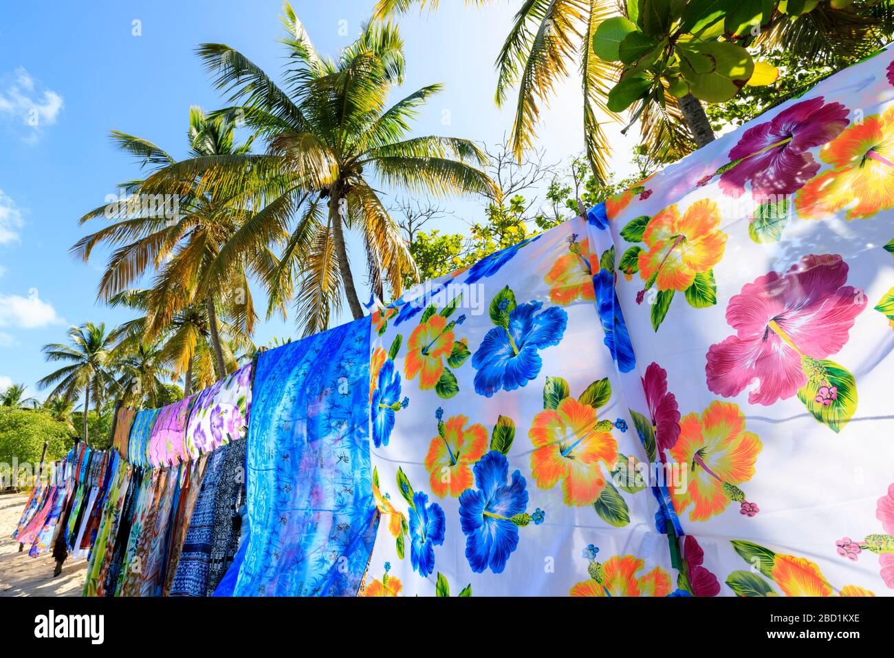 Bella appesa retroilluminata avvolge, spiaggia di sabbia bianca, palme, sole, Saltwhistle Bay, Mayreau, Grenadine, St. Vincent e Grenadine, Caraibi Foto Stock