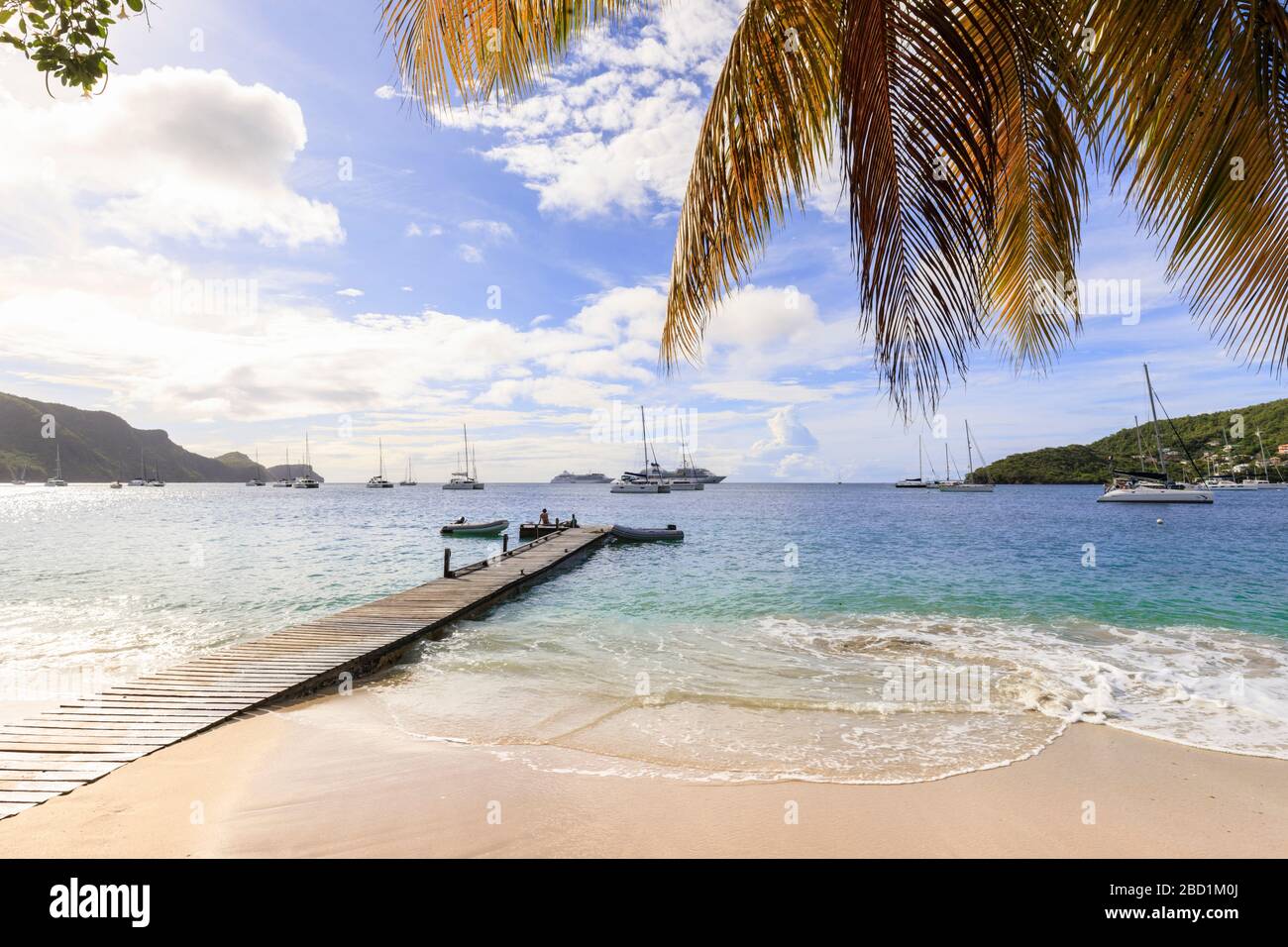 Caraibico tranquillo, palma di riva del mare, molo della barca, bella Elizabeth del porto, baia di Admiralty, Bequia, St. Vincent e le Grenadine, caraibico Foto Stock