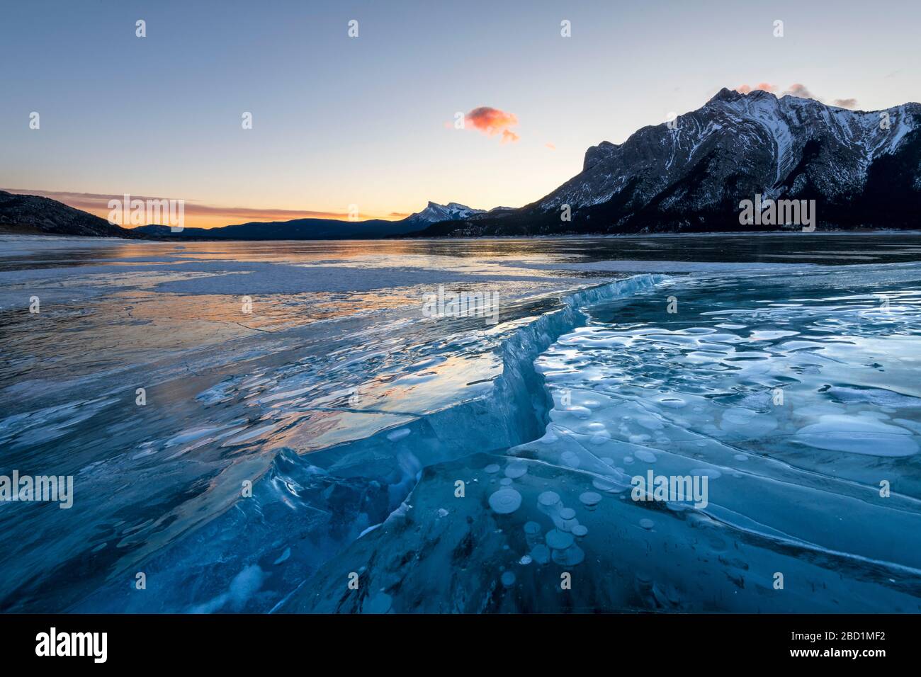 Formazioni di ghiaccio con Monte Michener e Kista Peak sullo sfondo all'alba, Abraham Lake, Kootenay Plains, Alberta, Canadian Rockies, Canada Foto Stock